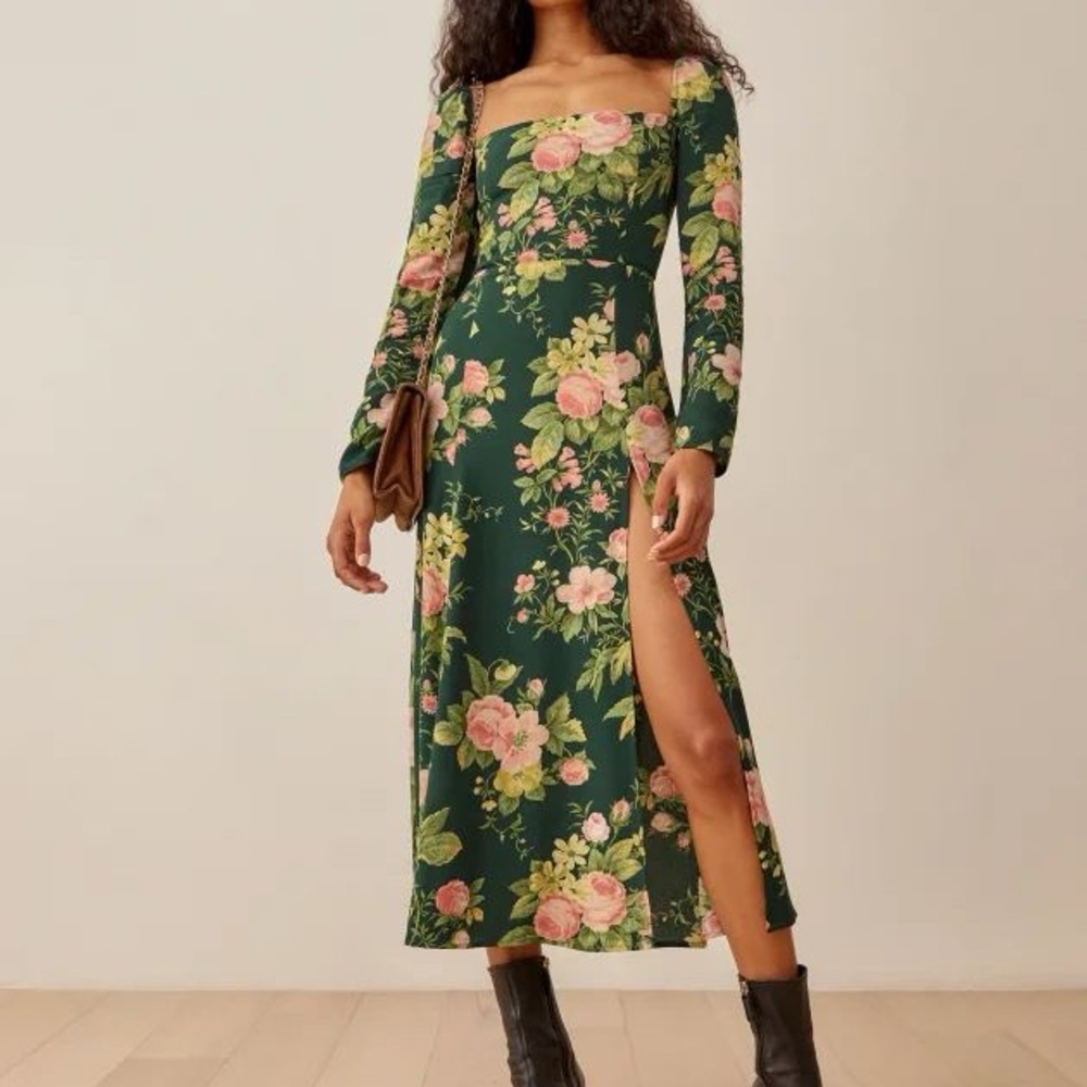 Reformation Sigmund Dress, size 4, Dark green floral midi dress